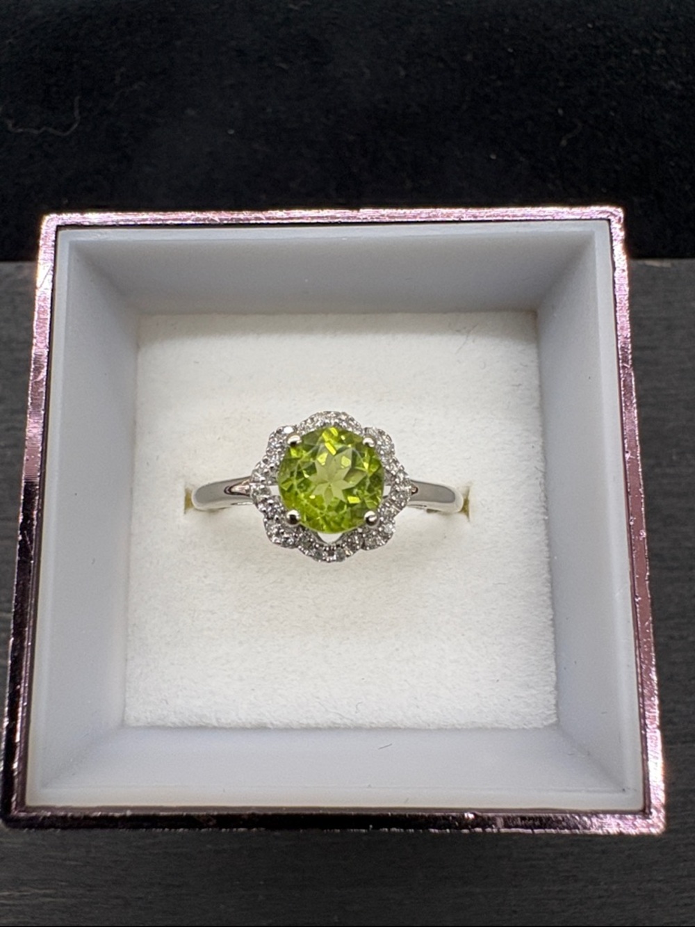14 K White Gold Peridot With Floral Diamond Halo
